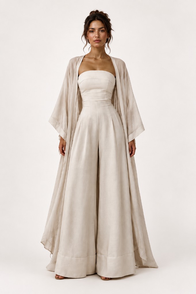 Bej Üç Parça Palazzo & Kimono Takım