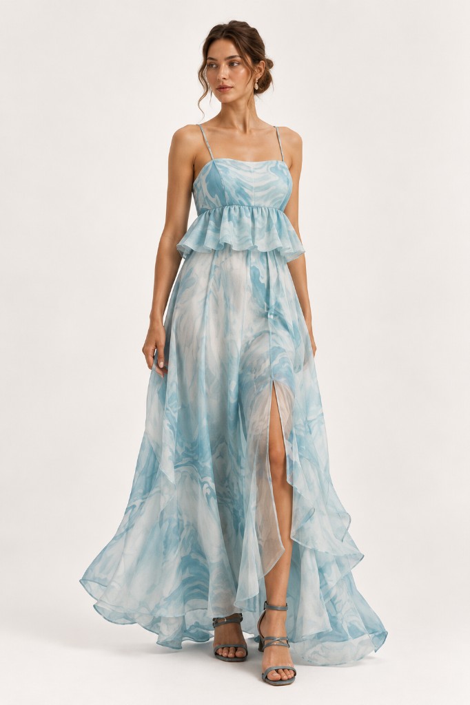 Mavi Mermer Desenli Peplum Maxi