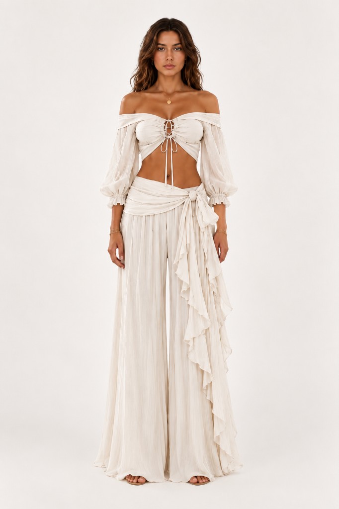Krem Pileli Wide-Leg Pantolon